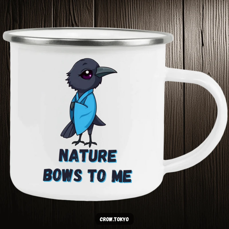 Funny camping mug featuring a graceful crow in a blue kimono, performing a polite bow outdoors.