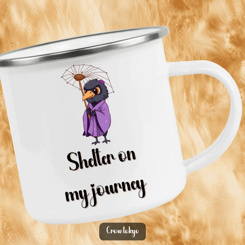 Funny camping mug showing a dignified crow in a purple kimono holding a delicate paper umbrella outdoors.