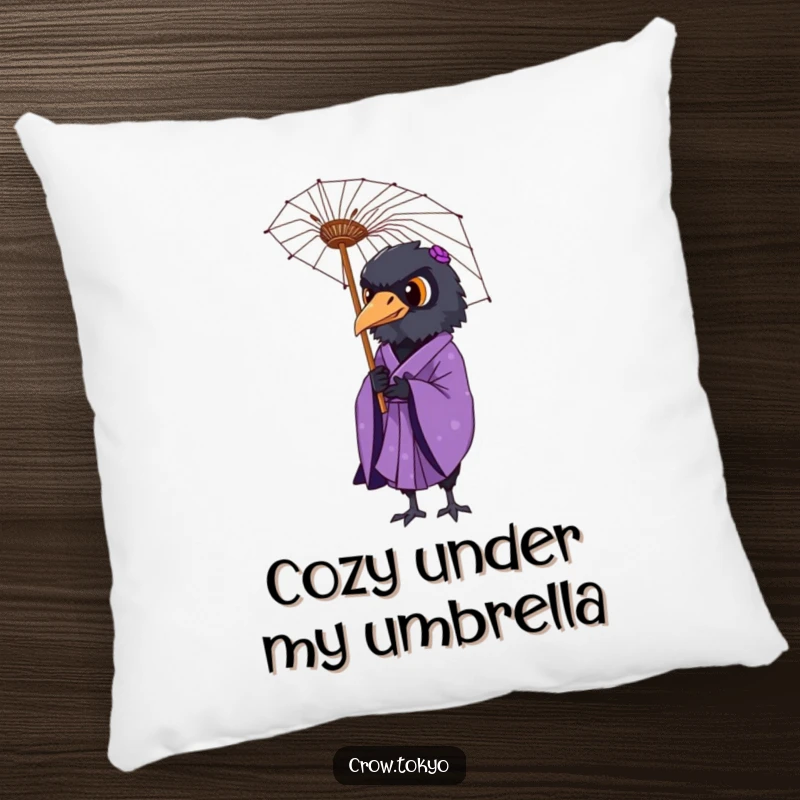 Funny throw pillow featuring a dignified crow in a purple kimono holding a delicate paper umbrella.