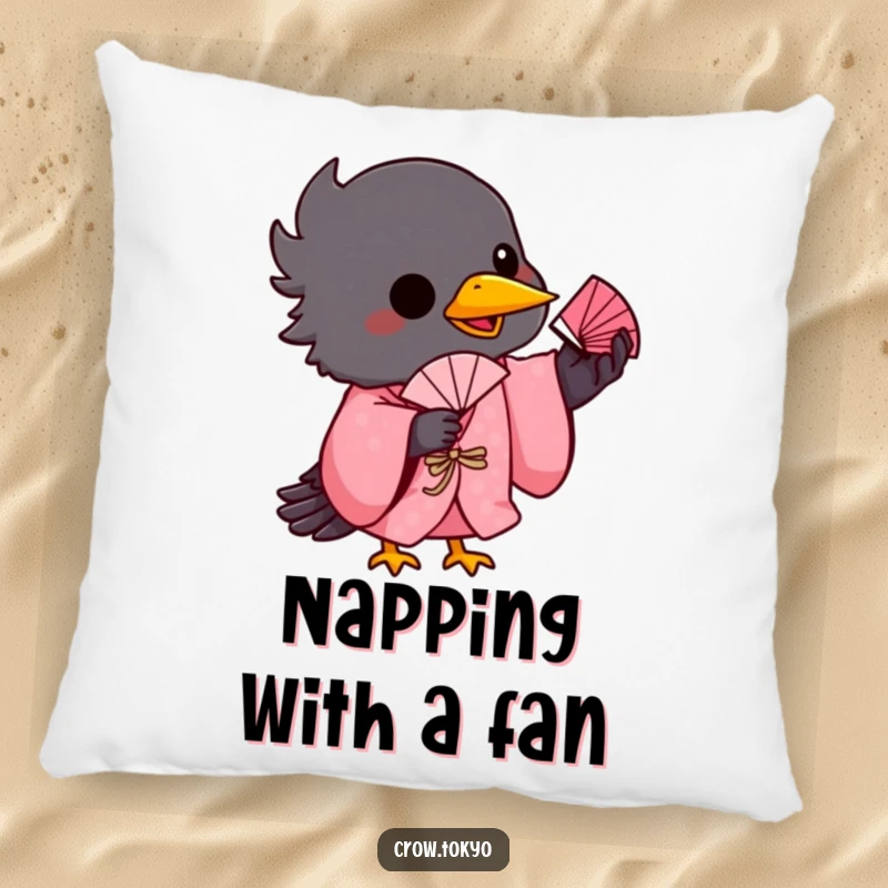 Funny throw pillow featuring a playful crow in a pink kimono, balancing a tiny fan on its beak.