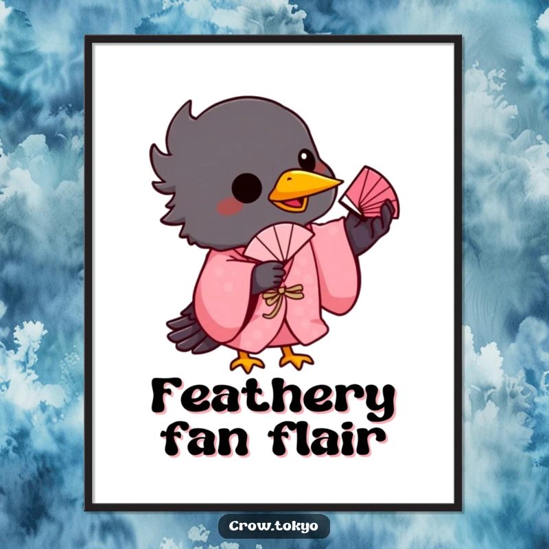 Funny digital art print of a playful crow in a pink kimono, balancing a small fan on its beak.