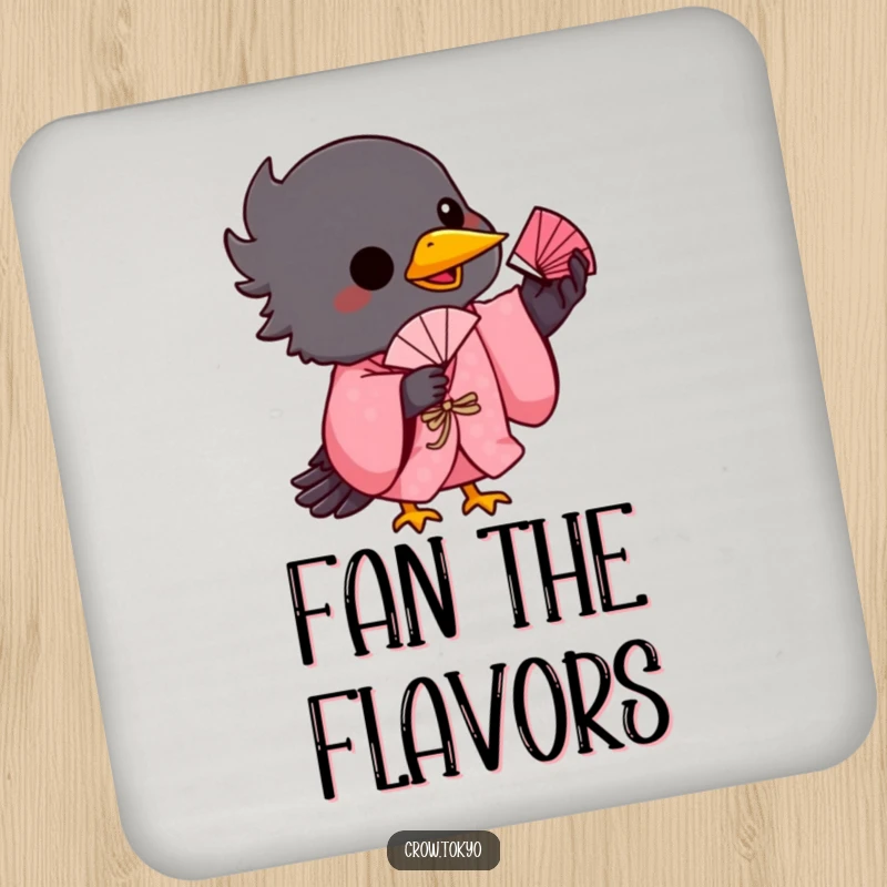 Funny drink coaster featuring a playful crow in a pink kimono, balancing a tiny fan on its beak.
