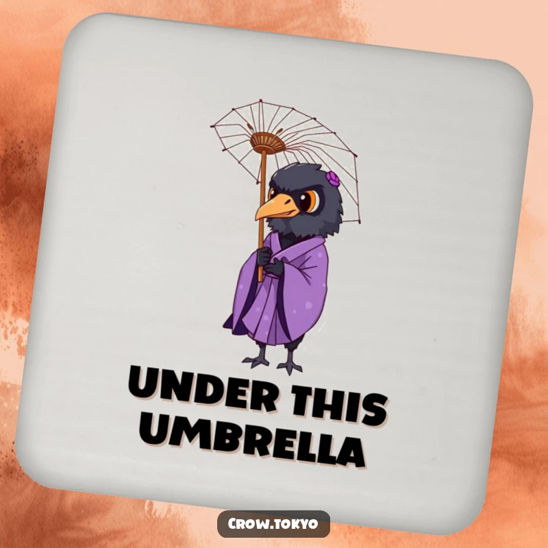 Funny drink coaster featuring a dignified crow in a purple kimono holding a delicate paper umbrella.
