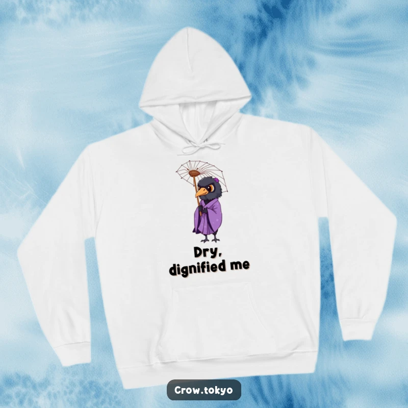 Funny hoodie graphic featuring a dignified crow in a purple kimono, holding a delicate paper umbrella.