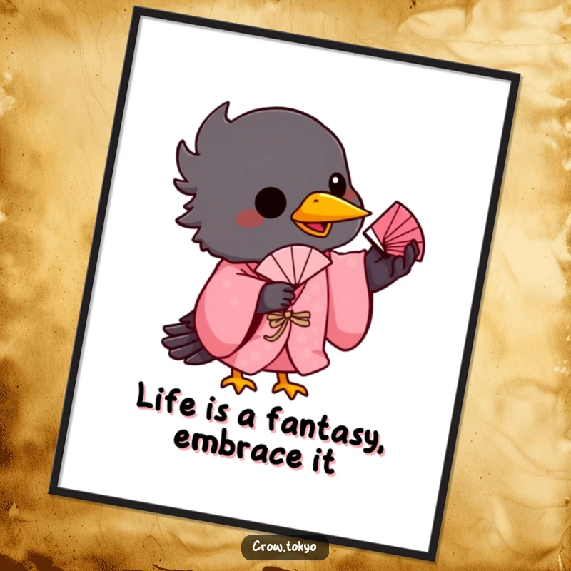 Funny Free Printable Wall Art: A playful crow in a pink kimono is skillfully balancing a tiny fan on its beak.