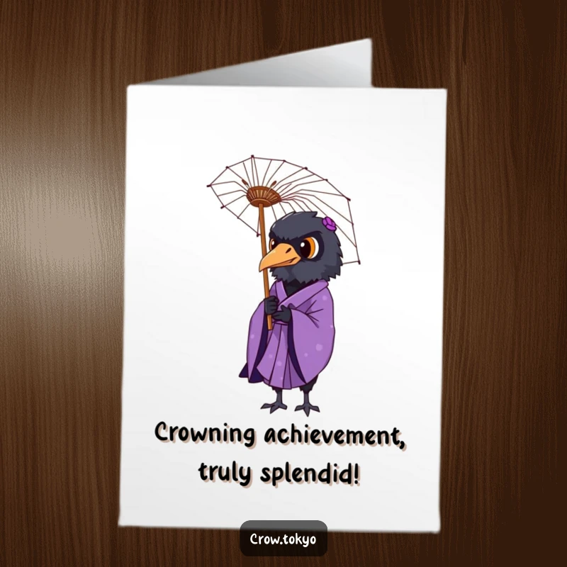Elegant Free Printable Congrats Card: Dignified crow in a purple kimono holds a delicate paper umbrella, a tasteful gift.