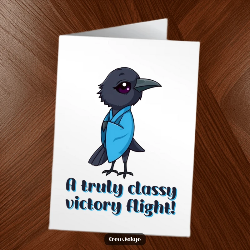 Elegant Free Printable Congrats Card: Crow in a flowing blue kimono gracefully bows, a sophisticated downloadable gift.