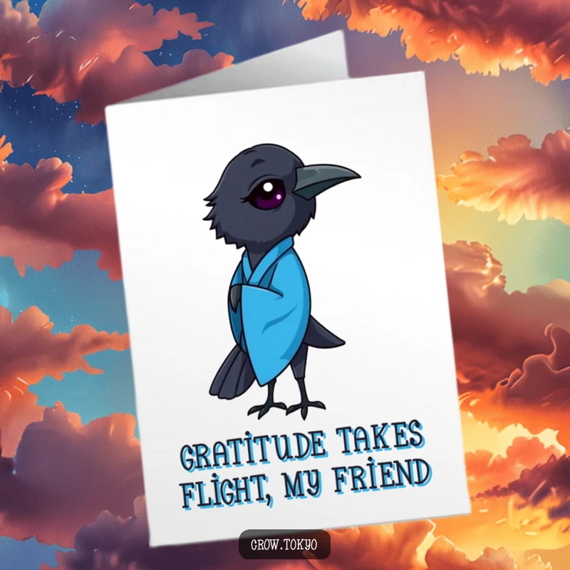 Elegant Free Printable Thank You Card: Graceful crow in a vibrant blue kimono bows deeply, a refined DIY gift.