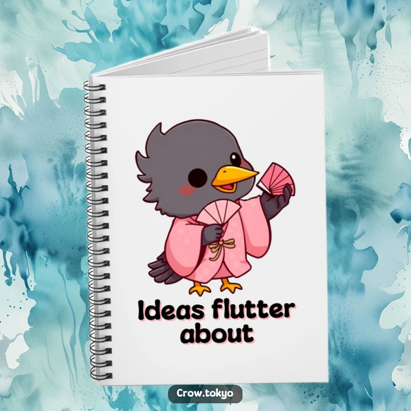 Funny notebook cover featuring a playful crow in a pink kimono, balancing a tiny fan on its beak.