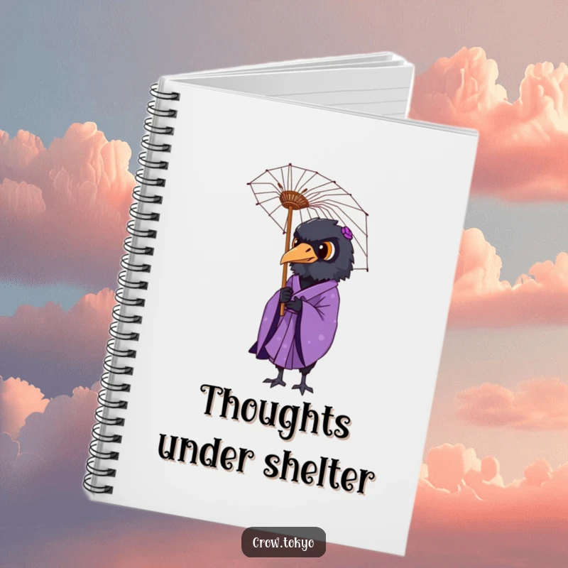 Funny notebook cover featuring a dignified crow in a purple kimono holding a delicate paper umbrella.