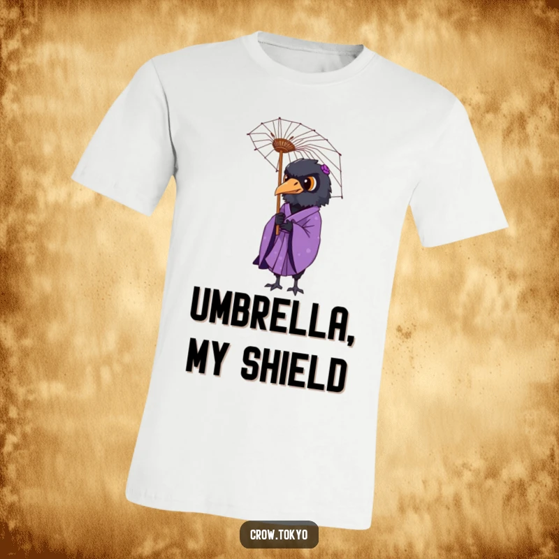 Funny t-shirt print of a dignified crow wearing a purple kimono, holding a delicate paper umbrella gracefully.