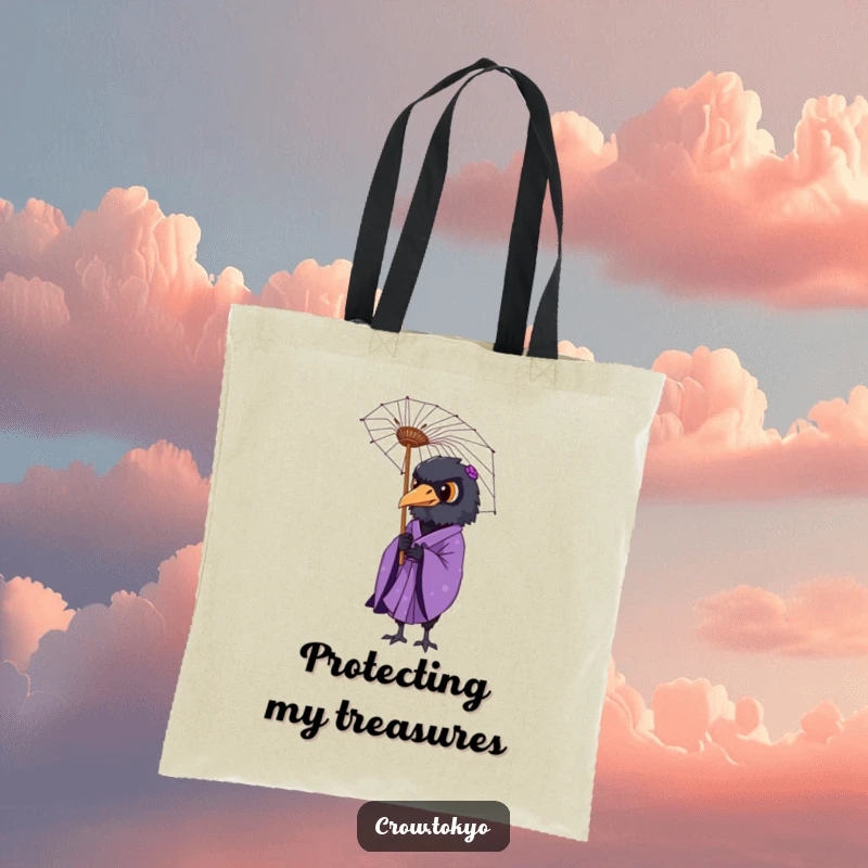 Funny tote bag depicting a dignified crow in a purple kimono holding a delicate paper umbrella.